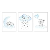 HASLED Set de Nombre personalizado Luna Azul nube oso Animal lienzo pintura beb?Guardería carteles e impresiones pared nódica imágenes artísticas Decoración de la habitación de los niños/40x60cm