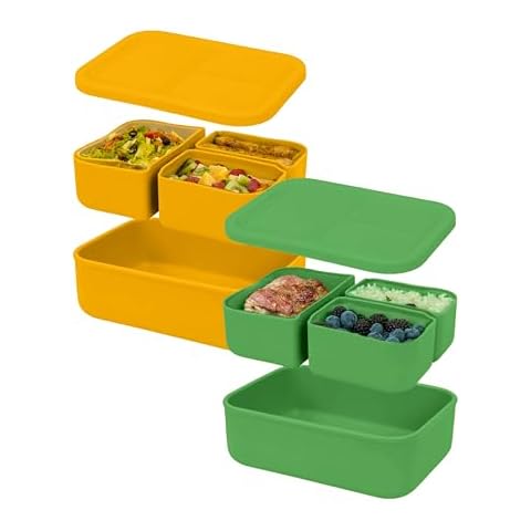 Versatyle Set of 2 Platinum Silicone Bento Box with 3 Compartments Leak-Proof Container Snack Box, Microwave, Freezer and Dishwasher Safe Cover