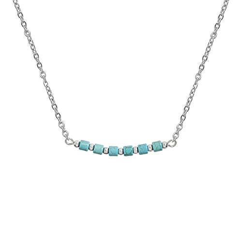 Dainty Turquoise Black Agate Beads Bar Necklace for Women Chain Choker Handmade Gemstone Jewelry for Mother's Day, Birthday Gift (4mm Turquoise Tube beads)