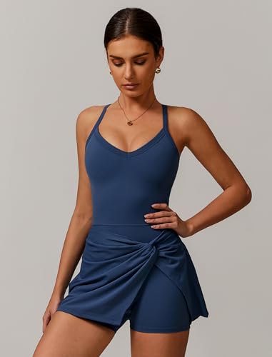 Womens Tennis Dress Wrap Skirt with Built in Shorts Spaghetti Strap Summer Tie Front Workout Backless Mini Dresses3