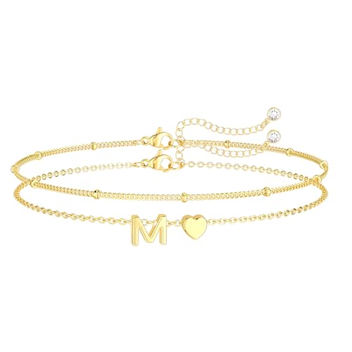 S925 Love Heart Capital Double-Layer 26 Initial Letter A-Z Gold Bracelet for Mom Daughter Sisters Friends Lover Birthday Christmas Party Reminder Jewelry