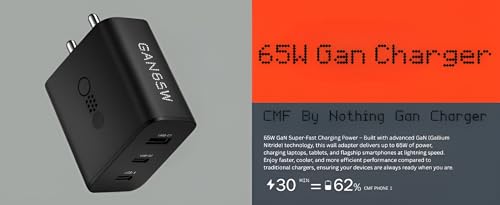 Image of CMF by Nothing 65W 3 Port C-Type Charging Adapter for CMF Phone 1, Phone 2 Pro, Nothing 3, 3a, 3a Pro, 2a Plus, 2a, S25 /S24(Edge /Ultra), Z Fold 7,Flip 7 /Tab /Laptop| 65 w Multi Device Charger, Black
