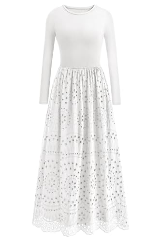 dowerme Women Spring Dresses 2026 Casual Long Sleeve Crewneck A-Line Boho Eyelet Cotton Maxi Wedding Guest Dress Pockets(White Medium)