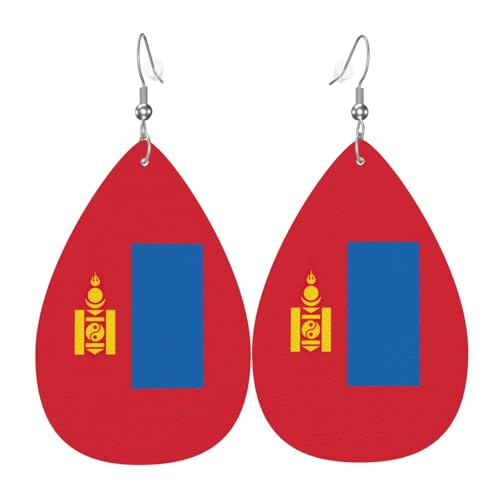 Boucles d'oreilles pendantes en cuir imprimé drapeau mongol - Bijou réversible avec crochets plaqués argent