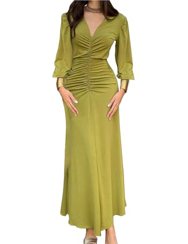 JENJON Mujer Vestido Maxi Manga Larga Cuello en V Túnica Cruzada Informal Elástico Cintura Alta Elegante Chic Otoño e Invierno