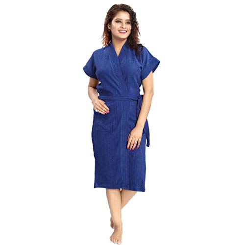 Image of Women Solid Bath Robe | Terry Cotton Short Robes Soft Bathrobe Lightweight Bordered Kimono | Half Sleeve with Front Pocket | One Size Bathrobe