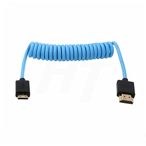HangTon 4K 60p 8K UHD Mini HDMI - HDMI Cable Coiled Blue Braided for Nikon D750 Sony Canon EOS R RP 5DIV ATOMOS Ninja V Portkeys Video Assist Monitor Type A C HDMI 2.1