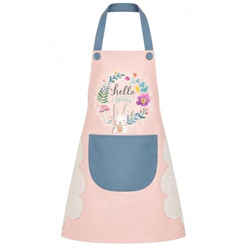 Image of Rabbit Floral Kitchen Apron with Side Hand Wipes and Front Pocket