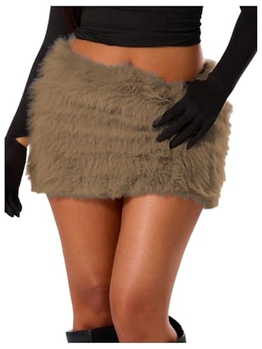 MakeMeChic Women's Brown Mini Skirts Fall Fuzzy Fur Bodycon Skirt Y2K Concert Outfits Cowboy Chic