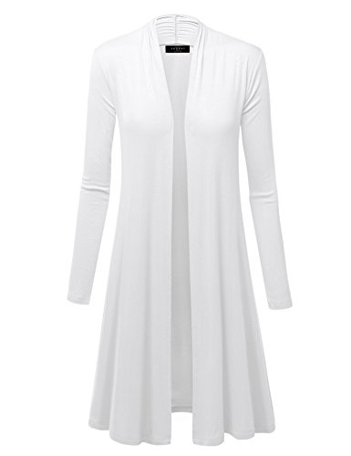 WSK1048 Womens Solid Long Sleeve Open Front Long Cardigan M White