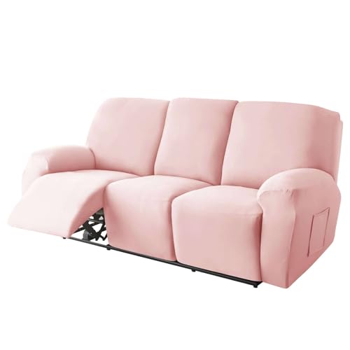 Polyester 8-Piece Recliner Couch Covers 3 Seat, Stretch Soft Lazy boy Reclining Sofa slipcover with Pocket Armchair Covers for Kids Pets Cat Dog-Pink-3 Seat