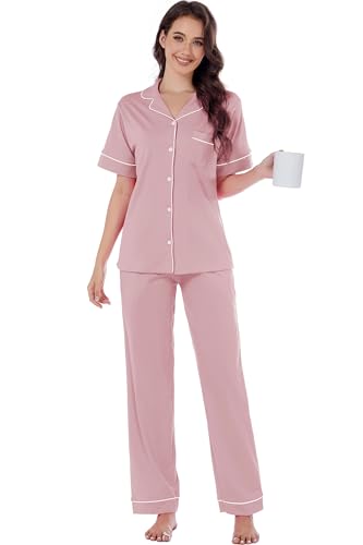 Image of LUBOT 100% Cotton Pajamas for Women Pajama Set Soft 2 Piece Sleepwear PJ Set Long Sleeve Button Knit Cozy Loungewear XS-XXL
