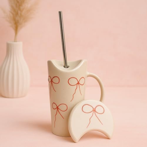 Image of Handmade Pink Bow Embossed Ceramic Tumbler, Mug with Lid & Straw, Tactile Print Cup for Hot & Cold Beverages - Coffee, Tea, Shakes, Matcha, Microwave & Dishwasher Safe, Perfect for Gifting
