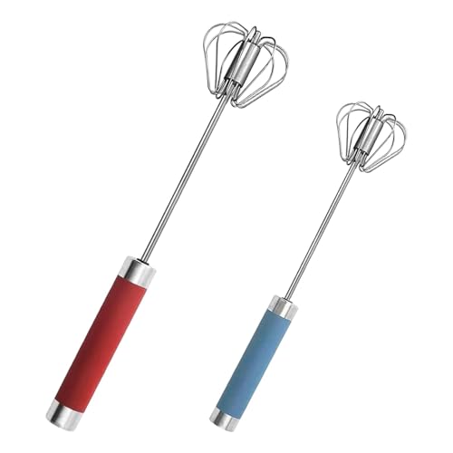 2 Pack Hand Egg Whisk Beater, Stainless Steel Mini Hand Whisks, 10in &12in Semi-Automatic Hands Push Egg Beater, Rotating Mixer Stirrer for Baking, Whisking, Stirring