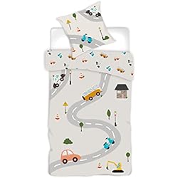 Funda Nordica Infantil Coches Brandmac Juego de cama de coche 100% algodón, reversible, funda nórdica de 140 x 200 cm + funda de almohada de 65 x 65 cm, autobús, policía, grúa, Vespa...