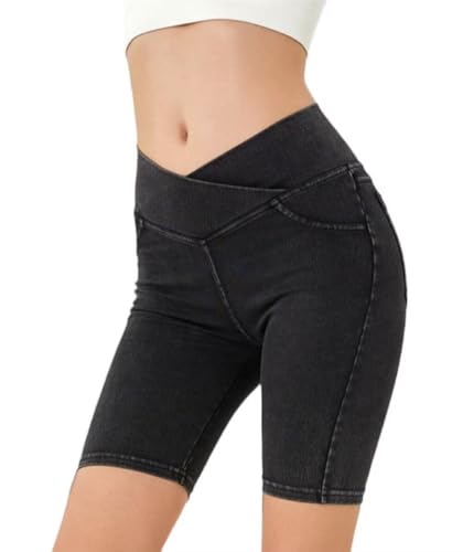Lynroxia Shorts de motociclista para meninas, crossover, cintura alta, shorts jeans de verão com bol