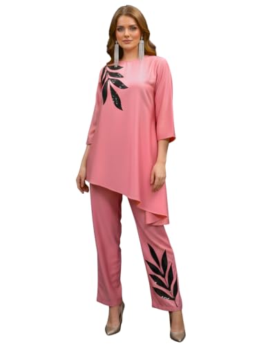 Image of Women's Magenta Chanderi Sequin Embroidered Co-ord Set | Round Neck 3 /4 Sleeve Asymmetric Top with Trousers | Festive Co-ord for Party, Wedding
