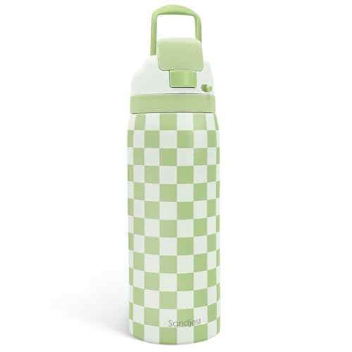 Image of Checkered Insulated Stainless Steel Water Bottle with Straw for Sports and Travel, 32oz, Gifts for Women Girls Friends Teens Birthday Christmas (Green)