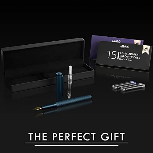Wemate Fountain Pen Set With Gift Case, Fine Nib Refillable Fountain Pen With 30 Ink Cartridges (15 Black ＆ 15 Blue) And Ink Refill Converter, Metal Thread Body Design For Men Women - 0.5Mm, Dark Blue #TOP6