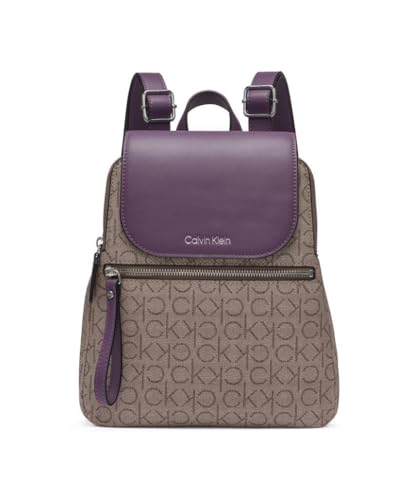 Calvin Klein Elaine Signature Key Item Flap Mochila, Amêndoa/Castanho-Acinzentado/Ameixa de Inverno, Tamanho Único
