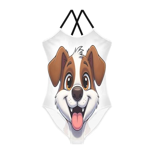 Girls Swimming Suits Beach Swim Suits Kids 3-10 Y with Adjustable Shoulder Strap, Happy Cartoon Dog Brown White