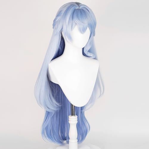 Image of Anime Blue Wigs with Bangs Women Long Wave Wig with Braid and Bun Robin-Bird Style Cosplay wig Halloween,Christmas,Comic con,Game Show,Carnival