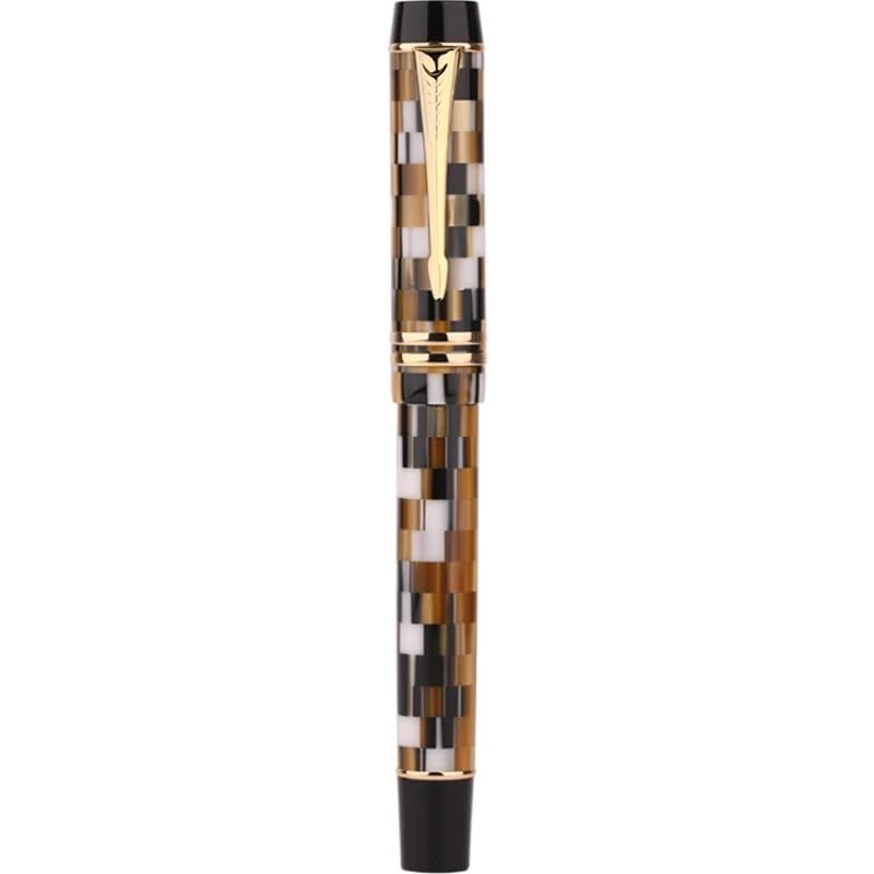 Penna stilografica in resina a scacchiera con convertitore, pennino BOCK da 0,5 mm, penna per scrittura per ufficio e scuola (bianco marrone)