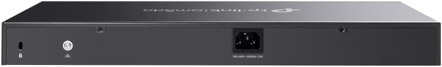 Posteriore view of the TP-Link SX3832 Omada switch, showing the power input, grounding terminal, and security lock slot.