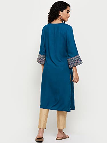 Image of Max Women Rayon Straight Fit Embroidered V-Neck Straight Kurta