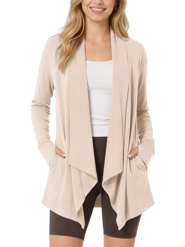 Image of ODODOS Women's Drape Open Front Cardigans Cozy Soft Long Sleeve Casual Wrap Outerwear with Pockets Thumb Hole