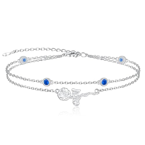 MANBU Birthstone Birth Flower Bracelet for Women: Sterling Silver double Layer Chain Birthstone Bracelet Birthday Gift for Teen