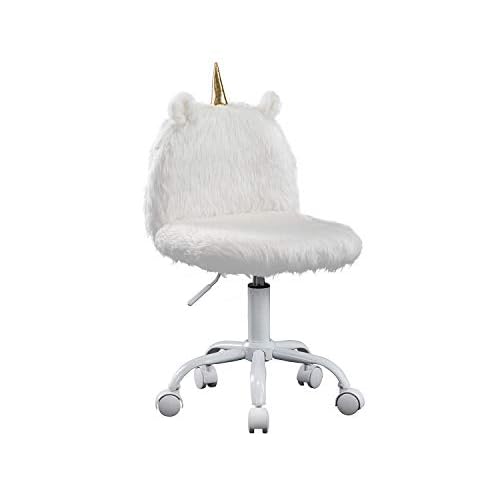 Cute Fuzzy Kids Chair Funny Rolling Study Desk Chair Colorful Girls Vanity Swivel Chair with White Foot