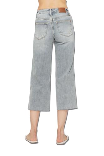 Judy Blue Women's Mid Rise Tummy Control Raw Hem Crop Wide Jeans3