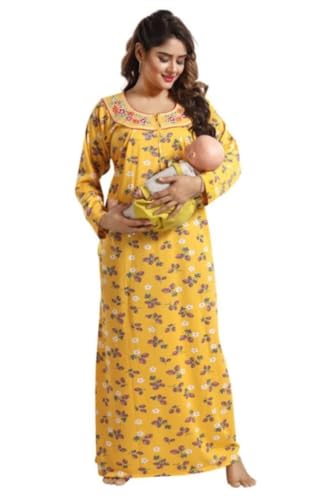 Image of Onekbhalo Women's- Full Sleeves-Feeding- Nursing- Maternity Nighty /Maxi /Gown /Nightdress /Nightwear- Hosiery Cotton Fabric- Floral Print- Embroidery with Zip