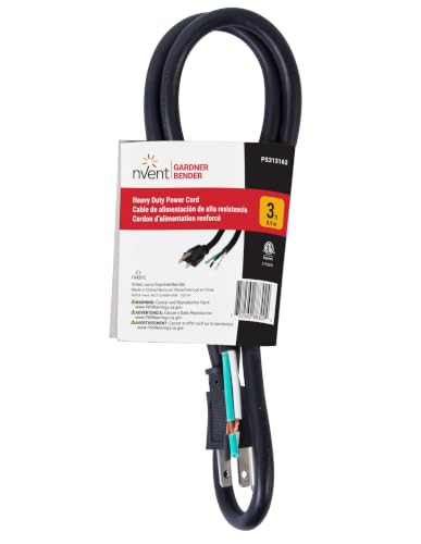 Image of nVent Gardner Bender PS313163 3-Wire Appliance and Power Tool Cord, 3 ft, 16 AWG, 13A /125V AC, 1625W, Heavy Duty Replacement Power Cable, Grounded NEMA 5-15 (Formerly: Bergen Industries)