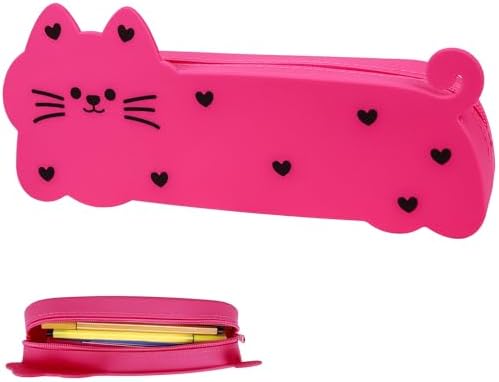 Cute Cat Silicone Pencil Case - Aesthetic Rose Red Kitty Pen Hold...
