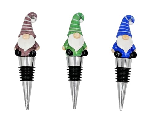 Gnome Wine Bottle Stoppers Set of 3 - Reusable Universal Bottle Stopper Silicone Saver Handmade Glass Unique Gifts Holiday Bar Wedding - Three Colors!