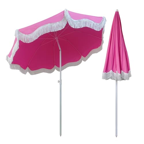 Xzomystify Rose Beach Umbrella with Fringe Portable Waterproof Market Table Umbrella Foldable Patio Umbrellas 6ft Tilt Pool Umbrella UPF50+ for Garden Backyard Lawn With 8 Ribs & Iron Pole
