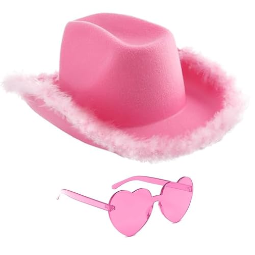 Rosy® Disfraz de Vaquera con Sombrero Rosa y Gafas en Forma de Corazón | Estilo Western Traje de Cow Girl para Mujer | Accesorio Cowboy para Fiesta y Eventos | Despedida de Soltera | OriginalCup®
