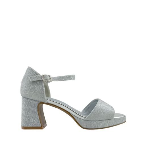 MODELISA - Sandalia Tacon Ancho Fiesta Brillo Punta Abierta Hebilla Pulsera Tobillo Boda Mujer (Plata, 38)