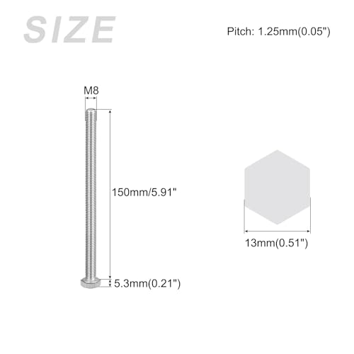 Image of METALLIXITY Hex Bolts (M8-1.25x150mm) 4Pcs, 304 Stainless Steel Coarse Fully Threaded Hex Head Screw Bolt Machine Screws - for Furniture Repair, Silver