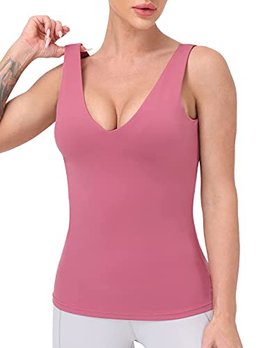 Image of Workout Tops for Women Yoga Tank Tops with Built in Bra Wirefree Padded Yoga Bras Gym Running Athletic Shirt V-Neck Camisole