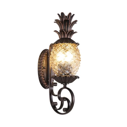 Image of Pineapple Outdoor Wall Sconce, 3-Light E12 Candelabra Base, Waterproof Aluminum Porch Light with Clear Diamond Glass, Tropical Coastal Wall Lamp for Entryway, Patio, Front Door