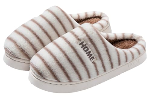 Plush Striped Slippers for Women Fuzzy Slip-on Striped House Shoes Memory Foam Slipper Warm Home Slippers with Anti-Slip Sole