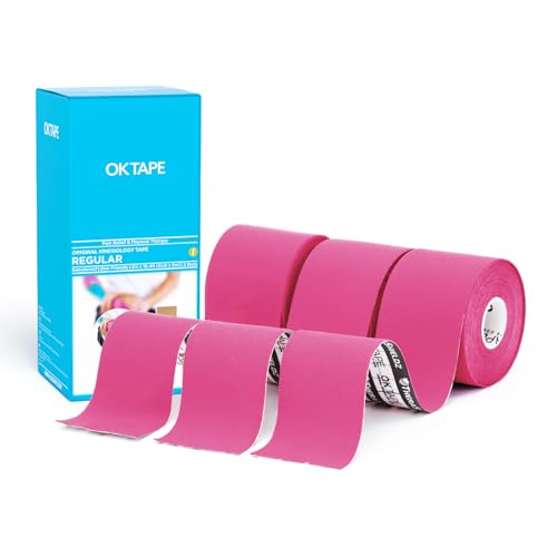 Image of OK TAPE Kinesiology Tape (3 Pack) Latex Free Cotton Uncut 2in x 16.4ft | Regular Original Elastic Water Resistant Therapeutic Athletic Tape for Support Muscle Joint Knee Injury Recovery Pink