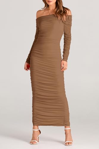 PRETTYGARDEN Women's Fall Off The Shoulder Maxi Dress Spring Long Sleeve Ruched Fitted Bodycon Club Dresses with Slit