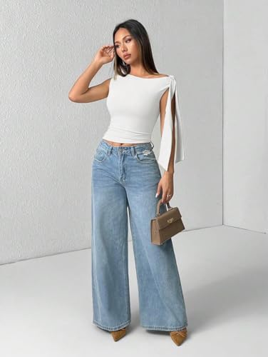 Image of TIVANTE Solid Asymmetrical Shoulder Tie Strap Crop Top for Women