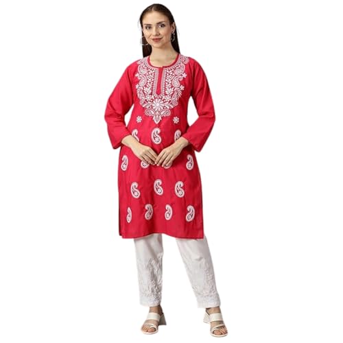 Image of FCH, Fashionable Chikan Handikraft Women's Cotton Lucknowi Chikankari Printed Straight Kurta for Regular Wear Girls Flared Kurta