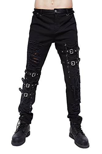 D.F Rock Men's Pants Tattered Distressed Skinny Jeans Punk Clothes Heavy Metal Lace up Strap Black (3XL)