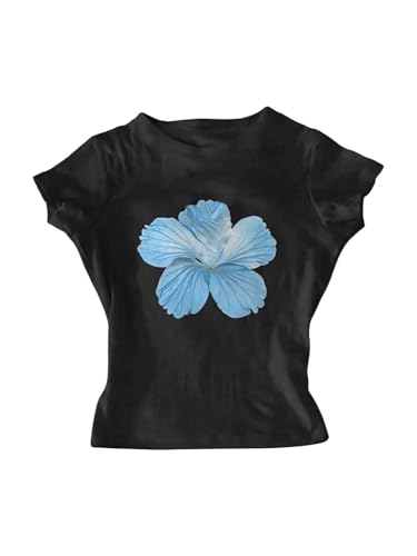Image of RoseSeek Girl's Floral Graphic Crop Tops Tees Short Sleeve Crewneck Cute Slim Fit T Shirt Summer Tops